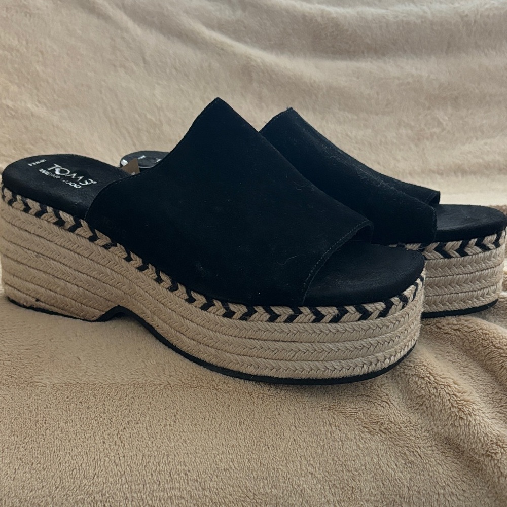 TOMS Black Suede Platform Mules